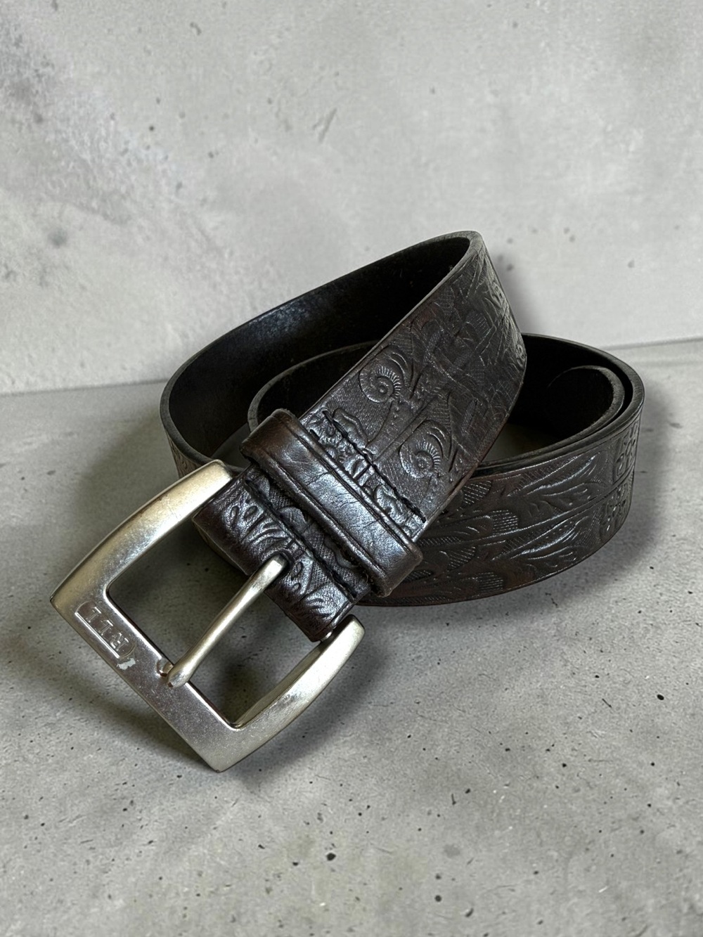 LAUREN RALPH LAUREN Floral Embossed Genuine Leather Black Belt Size XL